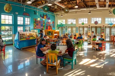 Bright and colorful daycare classroom with children engaged in activities at tables, nurturing environment with educational resources and a caring adult present.
